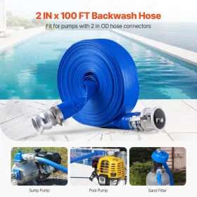 Backwash Hose 2 in x 100 ft Blue High Quality Hose Complete Fittings