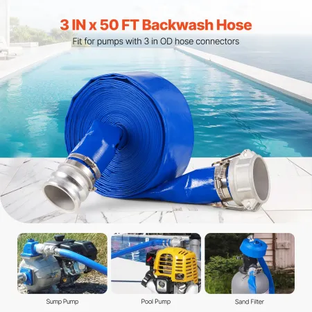 Backwash Hose, 76 mm(3 in) x 15.2 m(50 ft), Blue High Quality PVC Hose, with Clamps, Camlock, Aluminum Fittings, Fit Various Pum