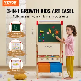 Art Easel for Kids, 3-in-1 Wooden Double-Sided Kid's Art Easel with Magnetic Whiteboard, Chalkboard, Paper Roll, Adjustable Stan