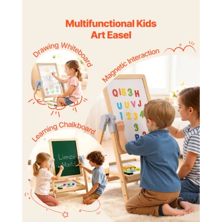 Art Easel for Kids, 2-in-1 Wooden Double-Sided Kid's Art Easel with Magnetic Whiteboard & Chalkboard, Adjustable Standing Rotata