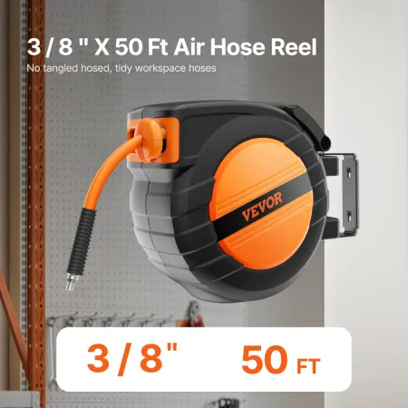 Retractable Air Hose Reel, 3/8IN x 50FT Hybrid Air Hose Max 300PSI, Air Compressor Hose Reel Auto-Rewind with 5FT Lead in, Ceili