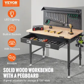 Multifunctional Solid Wood Workbench 48x24" with Pegboard Power Outlets