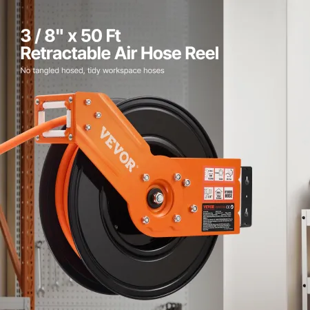 Retractable Air Hose Reel, 3/8IN x 50FT Hybrid Air Hose Max 300PSI, Air Compressor Hose Reel Auto-Rewind with 5FT Lead in, Ceili