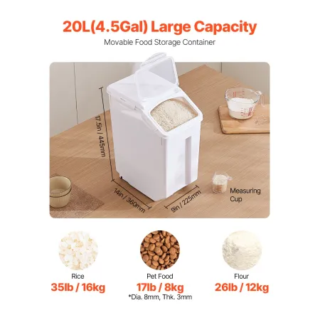Rice Storage Container, 4.5Gallon/20L Capacity Large Dog Food Dispenser Bin, Kitchen Ingredient Grain Cereal Flour Bin, Pet food