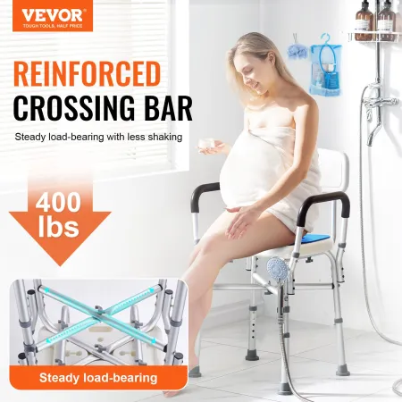 Shower Chair Seat, 400 lbs Capacity, Shower Stool with Crossing Bar, Padded Armrests and Back, Shower Chair for Inside Shower Ba