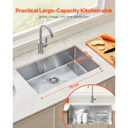 70cm Kitchen Sink Workstation, 304 Stainless Steel Undermount Sinks, Drop-In Single Bowl Farmhouse Basin with Accessories, House