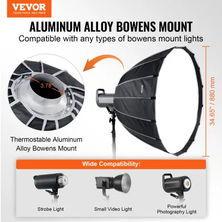 Parabolic Softbox, 33 in / 850 mm, Quick Release and Quick Fold, Lightweight and Portable, Universal Bowens Mount, 4 Lighting Ef