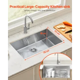76cm Kitchen Sink Undermount Single Bowl Drop-In Basin Stainless Steel Bar