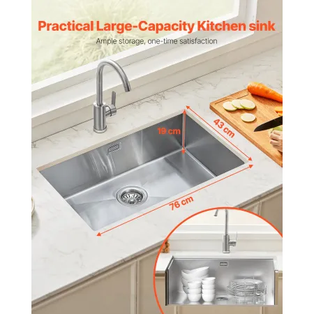 76cm Kitchen Sink Workstation, 304 Stainless Steel Undermount Sinks, Drop-In Single Bowl Farmhouse Basin with Accessories, House