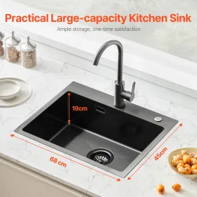 68cm Kitchen Sink Topmount Single Bowl Drop-In Basin Stainless Steel Black