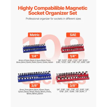 Magnetic Socket Organizer Set, 4PCS Magnetic Socket Holder, 1/4'' & 3/8'' Metric SAE Socket Trays with Clear Labels, Hold up to 