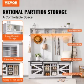 Hall Tree Wooden Hall Tree with Bench 12 Hooks for Entryway & Hallway