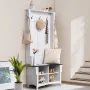 Hall Tree, Wooden Hall Tree with Bench and Shoe Storage, White Hall Tree with Coat Rack, Adjustable Shelves and 5 Hanging Hooks,
