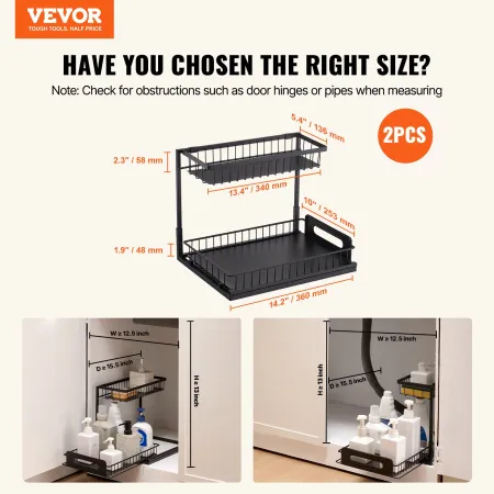 2 Tier Pull Out Cabinet Organizer(10.7"W x 14.2"D ), Under Sink Organizer and Storage, Slide Out Drawer Cabinet Organizer, Wire 