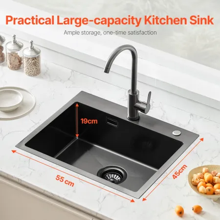 55 cm køkkenvask topmount enkelt skål drop-in bassin rustfrit