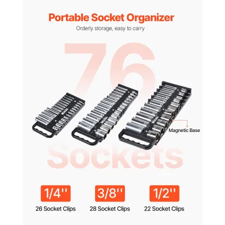 Portable Socket Organizer Tray, 3-Piece Metric & SAE Socket Organizer Set, 1/4'', 3/8'' and 1/2'' Heavy-Duty Socket Holder with 