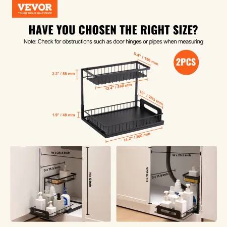 2 Tier Pull Out Cabinet Organizer(10.7"W x 14.2"D ), Under Sink Organizer and Storage, Slide Out Drawer Cabinet Organizer, Wire 