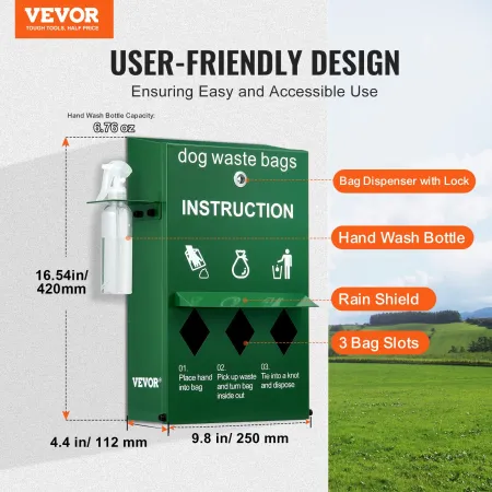 Dog Poop Bag Dispenser with Hand Wash Bottle, Lockable Outdoor Dog Waste Bag Holder with 600 Waste Bags, Stake, Pole, Fence & Wa