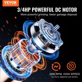 Garbage Disposal 3/4 HP Continuous Food Waste Disposer 3600 RPM 3-Bolt