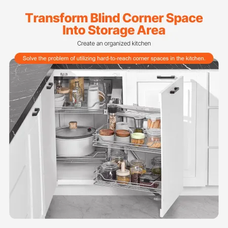 18"W Opening Blind Corner Pull Out Organizer, 2 Tier 4 Shelf Kitchen Cabinet Organizer, Magic Chrome Carbon Steel Storage Basket