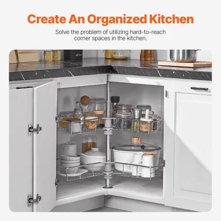 28" Kidney Shaped Chrome Corner Organizer, 360° Rotatble Kitchen Base Cabinet Blind Corner, 2 Tier Height Adjustable Storage Rac