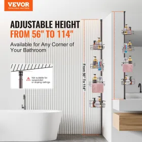 Shower Corner Caddy Tension Pole, 56" to 114" High, Multi-Functional Shower Tension Pole with Strong Load-Bearing Tray, Rust-Pro
