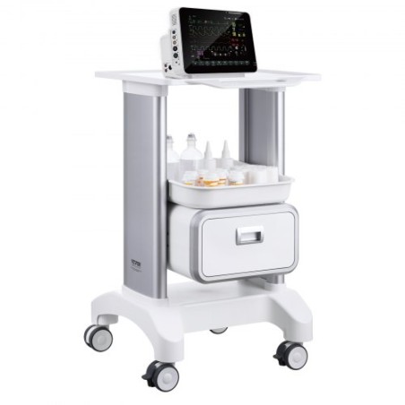 2 Tiers Lab Carts Mobile Medical Cart with 1 Drawer & 1 Top Tray White