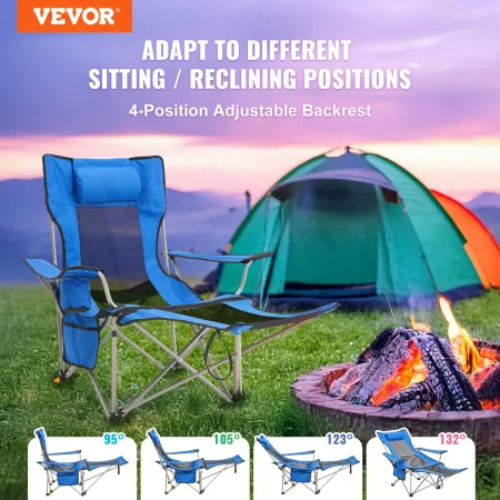 Reclining Camping Chair, 330 lbs Folding Camping Chair, 4 Position Load Portable Camping Chair with Footrest, Cup Holder, Side P