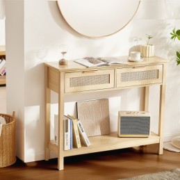 Rattan Console Table with 2 Storage Drawers Rattan Sliding Door Natural