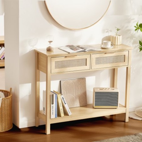 Rattan Console Table with 2 Storage Drawers Rattan Sliding Door Natural