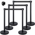 6PCS Black Belt Stanchion Queue Posts Stand Rope Retractable Crowd Barrier