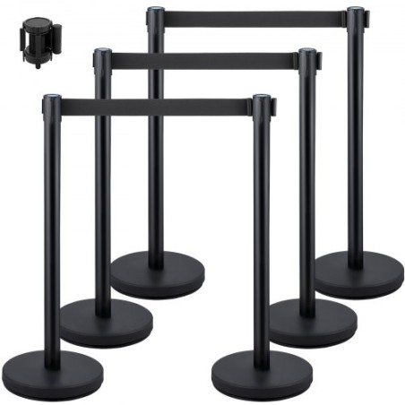 6PCS Black Belt Stanchion Queue Posts Stand Rope Retractable Crowd Barrier