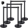 6PCS Black Belt Stanchion Queue Posts Stand Rope Retractable Crowd Barrier
