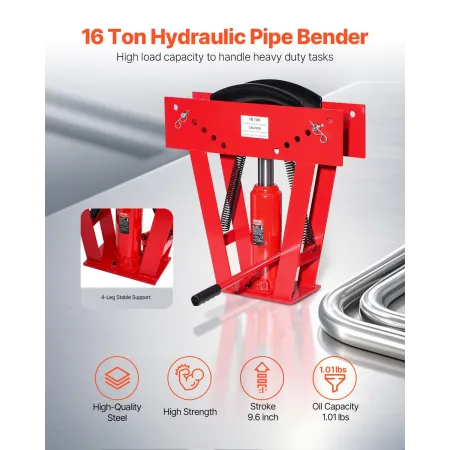 Hydraulic Pipe Bender, 16 Ton Manual Copper Exhaust Pipe Bending Machine with 8 Dies (1/2" - 3") and 90 - 180° Adjustable Roller