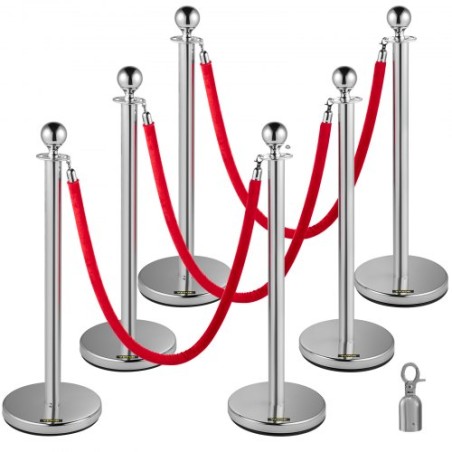 6stcs Red Rope Stanchion Silver Post Crowd Control Quey Line Barrier
