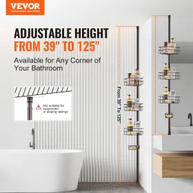 39" to 125" High Shower Corner Caddy Tension Pole Rust-Proof Tension Pole