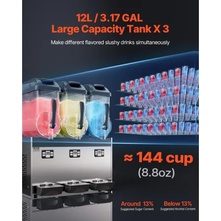 Commercial Slushy Machine, 12Lx3 Triple Tank Frozen Drink Machine, 144 Cups Stainless Steel Margarita Smoothie Frozen Drink Make