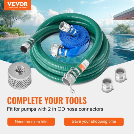 Suction Hose Kit for Water Pump, with 51 mm(2 in) x 19.8 m(65 ft) Blue Backwash Hose, 6.1 m(20 ft) Green Suction Hose, and Steel