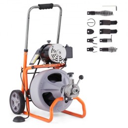 Drain Cleaner Machine 100FT x 3/8 Inch Auto Feed with Wheels & 8 Cutters