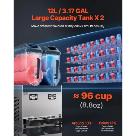 Commercial Slushy Machine, 12Lx2 Double Tank Frozen Drink Machine, 96 Cups Stainless Steel Margarita Smoothie Frozen Drink Maker