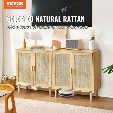 Rattan Cabinet, Set of 2, Rattan Storage Cabinet with 4 Magnetic Doors and Adjustable Shelves, Sideboard Buffet Cabinet for Hall