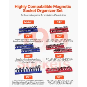 Magnetic Socket Organizer Set 8PCS Socket Trays Blue & Red for Metric SAE