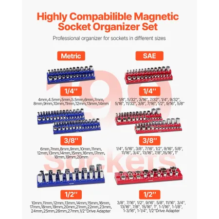Magnetic Socket Organizer Set, 8PCS Socket Holder, 1/4'', 3/8'' & 1/2'' Metric SAE Socket Trays with Clear Labels, Hold up to 19