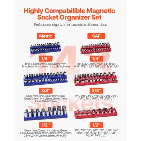 Magnetic Socket Organizer Set 6PCS Socket Trays Blue & Red for Metric SAE