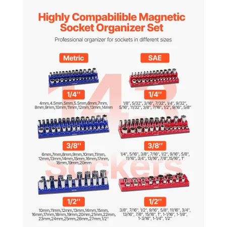 Magnetic Socket Organizer Set, 6PCS Socket Holder, 1/4'', 3/8'' & 1/2'' Metric SAE Socket Trays with Clear Labels, Hold up to 14