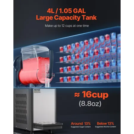 Commercial Slushy Machine, 4L Single Tank Frozen Drink Machine, 16 Cups Stainless Steel Margarita Smoothie Frozen Drink Maker, S