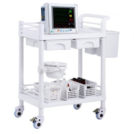 2 Tiers Lab Carts Mobile Medical Cart 2 Trays 2 Drawers 3 Trash Cans White