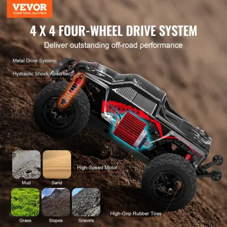 Remote Control Car, 1:10 Scale RC Car for Kids, All Terrain 4WD Off-Road Monster Truck with 45° Wheelie & 2 Batteries, 38 km/h H