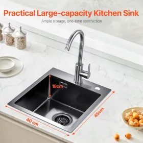40cm Kitchen Sink Topmount Single Bowl Drop-In Basin Stainless Steel Black