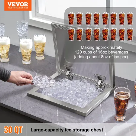 Drop in Ice Chest, 14"L x 12"W x 18"H Stainless Steel Ice Cooler, Commercial Ice Bin with Hinged Cover, 40 qt Outdoor Kitchen Ic